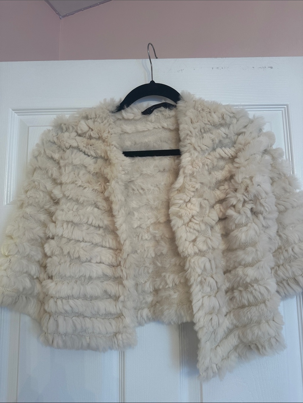 BCBG Women's Cream Rabbit Fur Cropped Jacket